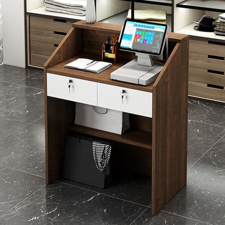 Walisk Modern Reception Desk with Lockable Drawer and Open Shelves, Rectangular, White and Walnut, 60x38x92cm, Office, Working WoodArtSupply