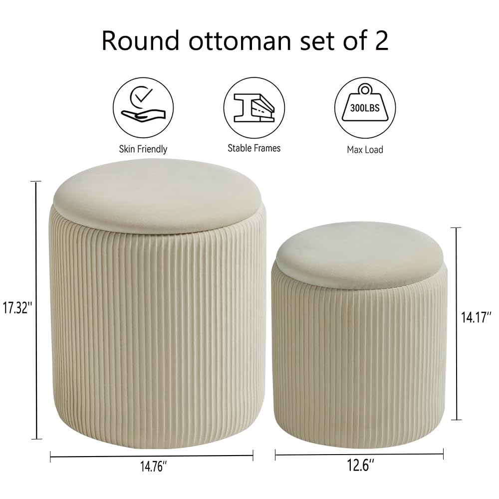BLEXA Round Set of 2 Ottoman with Storage-Upholstered Velvet Vanity Stool for Makeup Multifunctional Ottomans Coffee Table Padded Seat Foot Rest for Living Room&Bedroom（White） BLEXA