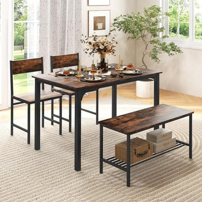 GOFLAME 4-Piece Dining Table Set for 4, Industrial Kitchen Table with 2 Chairs & Bench, Space-Saving Breakfast Table Set with Storage Shelf & Metal Frame, Wooden Dinette for Dining Room, Rustic Brown