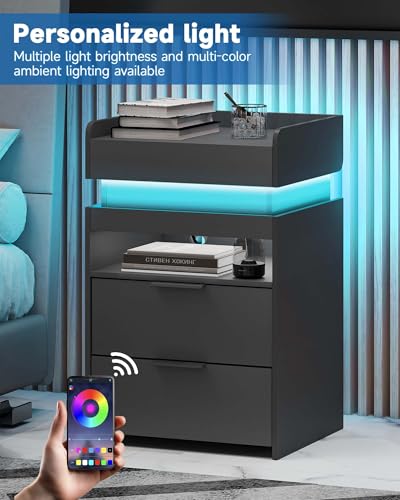 Baoz Nightstand with Gun Drawer, Charging Night Stand with USB and AC Ports, LED Nightstand, NightStands with Gun Drawer, Smart Night Stand with Sliding Top Storage Baoz