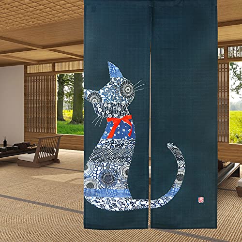 LIGICKY Noren Japanese Style Doorway Curtain Cat with Traditional Chinese Floral Printed Door Tapestry Boho Décor Room Divider Curtains, 33.5" Width x 59" Long Navy Blue LIGICKY