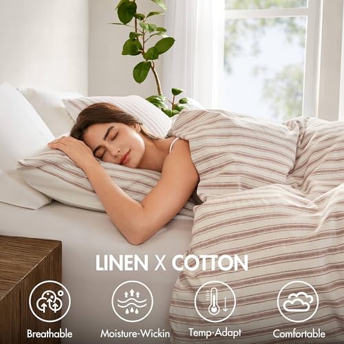 Madison Park Duvet Cover Set for Hot Sleepers - Linen Cotton Rayon Blend, King Size 3 Piece Set with Shams - Lightweight & Breathable Bedding, Terracotta Striped Design Madison Park