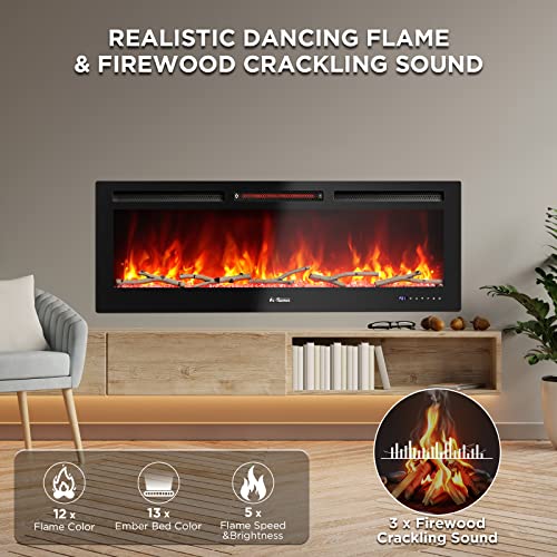 TURBRO 50” Smart WiFi Infrared Electric Fireplace with Sound Crackling and Realistic Flame, 1500W Quartz Heater, Recessed or Wall Mounted, Adjustable Flame Effects, Remote Control and App, in Flames TURBRO