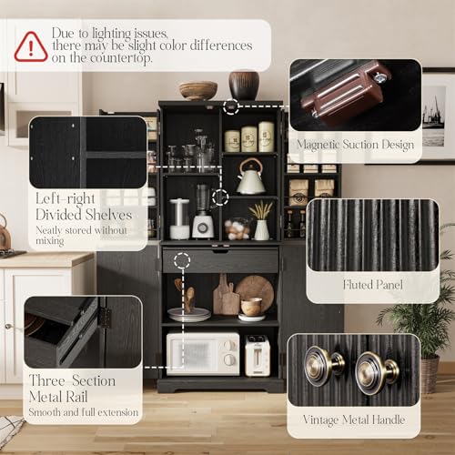 71" Tall Fluted Kitchen Pantry Cabinet, Modern Fluted Pantry Cabinet with Doors, Kitchen Pantrys Storage Cabinets with Drawer and Adjustable Shelves Doors for Dining Room, Living Room, Bathroom Black Generic