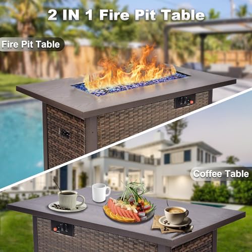 9 Pieces Patio Furniture Set with Fire Pit Table, Outdoor Rattan Sectional Sofa- All Weather High Backrest Wicker Couch Conversation Set with Waterproof Cushion for Backyard balcony Porch (Grey) Grezone