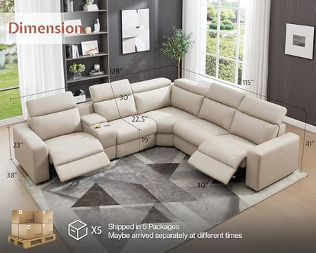 AMERLIFE Power Recliner Sectional Sofa with Storage/USB Port, Leather Recliner Sofa with Adjustable Headrest, Reclining Sectional Couches with Console and Cup Holder for Living Room (Beige Brown) AMERLIFE