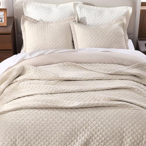 Grassix Linen Quilt Set King Size 3-Piece, 100% Linen Front & Cotton Back, Prewashed Diamond Stitch Bedspread with 2 Shams, Lightweight Breathable Quilt for Hot Sleepers, Modern Farmhouse Bedding Grassix