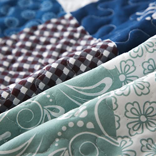 Dinjoy Reversible Patchwork Quilt Bedding Set King Size Blue Green Grey Plaid Floral Pattern Bedspread Set Soft Microfiber Coverlets Bed Set 3 Pieces Fall Autumn All Season Use Dinjoy