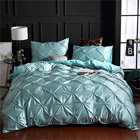 Erosebridal Blue Pinch Pleated Quilt Cover King Size Silk Like Satin Pintuck Bedding Set with Zipper Ruffle Design Luxury & Microfiber Comforter Cover Pintuck Decorative Bedspread Cover Erosebridal