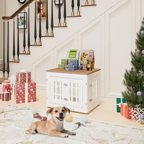 Snuowu 26" Heavy Duty Dog Crate Furniture for Small,Medium and Large Dogs,Rustic Wooden Dog Cage Kennel Indoor Furniture with Waterproof Top,Decorative Pet House Side End Table (White & Wood) Snuowu