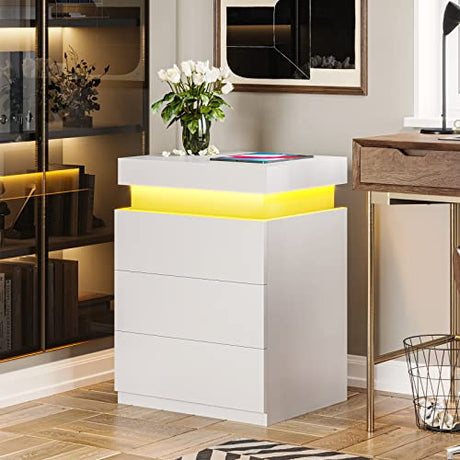 ADORNEVE Nightstand with Charging Station and LED Lights,Night Stand with Sliding Top for Bedroom,Bedside Table with Drawers,Modern End Side Table,White ADORNEVE