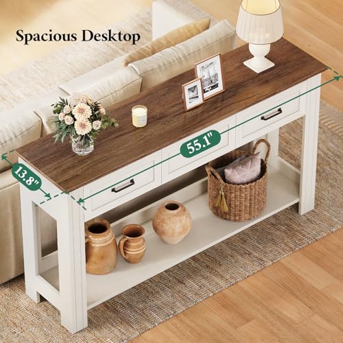 ANGRYWIN 55" Farmhouse Console Table with 3 Drawers, Rustic Entryway Table with Open Shelf, Sofa Tables Behind Couch for Entrance, Living Room, Hallway, White ANGRYWIN