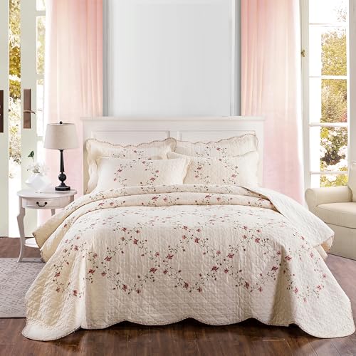 Quilt Set Classical 3D Floral Embroidery Pattern 3-Piece Cotton Reversible Quilted Embroidered Decorative Bedspreads Coverlet Bedding Set, Lightweight &Soft,Beige,King Size ROOMLIFE