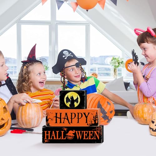 Halloween Black Cat Wooden Table Signs 3 Layered, Happy Halloween Sign Decorations, Spooky Wooden Ornaments Rustic Wooden Blocks Tabletop Decor for Home Tiered Tray Table Shelf Decor CIOEY