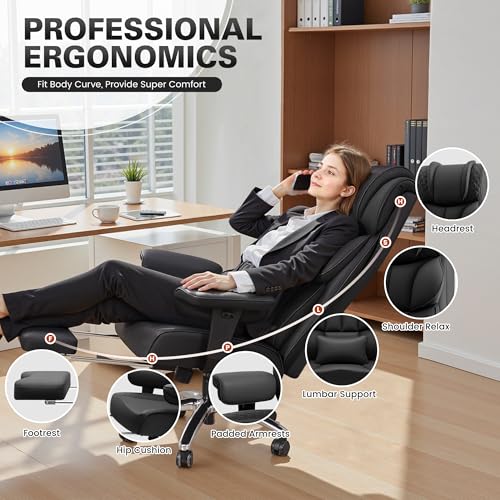 BestGlory Office Desk Chair, Big and Tall Leather Gaming Chair with Footrest, Wide Ergonomic Comfy Executive High-Back Reclining Computer Chairs, Swivel Rolling Wheels and Padded Lumbar Support, Black BestGlory