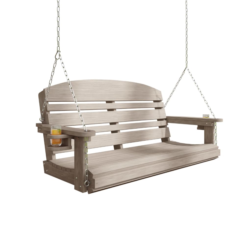 Live Casual Classic Recycled Plastic Porch Swing in Weatherwood Finish - Composite Poly Swing with Included Hanging Chains Live Casual