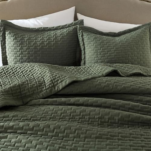 WDCOZY Olive Green King Size Quilt Set, Geometric Box Lightweight Bedspread, Soft Farmhouse Rustic Coverlet, Spring Summer Thin Comforter, Country Bedding, 104x90 inches WDCOZY
