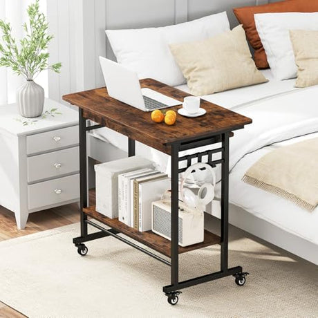Tangkula Rolling Computer Desk Cart with Keyboard Tray, Mobile Portable Laptop PC Desk with CPU Stand & 3 Hooks for Sofa & Bed, Industrial Small Desk on Wheels for Small Spaces, Home Office Desk Tangkula