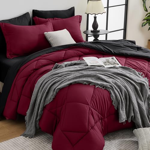 HEVUMYI Red & Black Queen Comforter Set - 7-Piece All Season Burgundy Bed in a Bag Queen, Ultra Soft Bedding Set with Comforter, Flat Sheet, Fitted Sheet, Pillowcases, Pillow Shams, Burgundy HEVUMYI