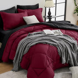 HEVUMYI Red & Black Queen Comforter Set - 7-Piece All Season Burgundy Bed in a Bag Queen, Ultra Soft Bedding Set with Comforter, Flat Sheet, Fitted Sheet, Pillowcases, Pillow Shams, Burgundy HEVUMYI