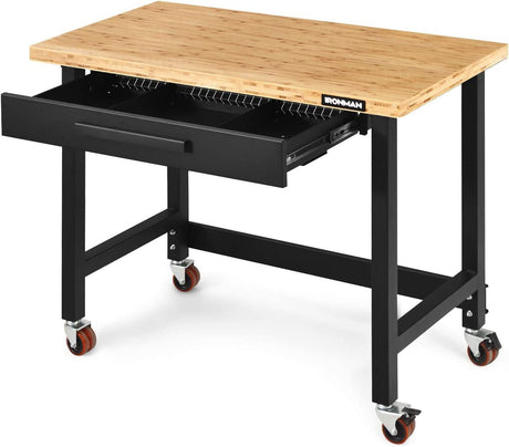 BOSEO Workbench, 48" Wild Mobile Workbench, Solid Wood Top Workbench for Garage, 500 LBS Workbench with Two Lockable Casters, Sliding Organizer Drawer BOSEO
