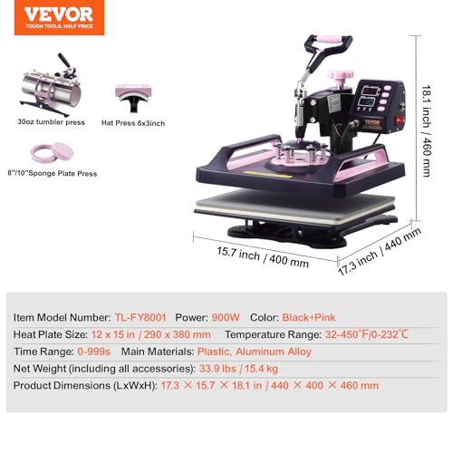 VEVOR Heat Press Machine, 5 in 1 Heat Transfer Machine with 30 oz Tumbler Press, 12 x 15 inch, 360° Swing Away T-Shirt Pressing, Digital Precise Control, for T-Shirts/Mugs/Hats/Plates, Black+ - WoodArtSupply