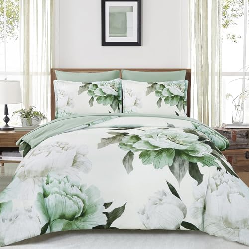 Dobuyly Green Queen Comforter Set 7 Piece Bed in a Bag Queen, Sage Green Floral Printed Comforter Set with Sheets, Soft Microfiber Botanical Flower Complete Bedding Set for All Season Dobuyly