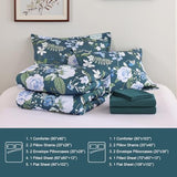 Anibedding 7Pieces Floral King Size Comforter Set, Garden Plant Flower Style Bed in a Bag Blue Bedding Comforter Set with Pillow Case for Bedroom Anibedding