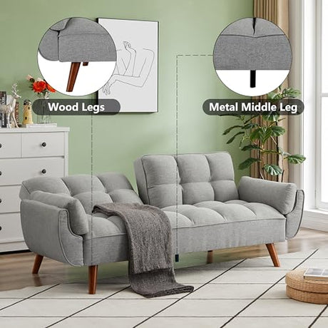 Betoko Convertible Futon Sofa Bed Sleeper Twin Size, Modern Reclining Linen Split Back Sofa Couch with Pillow Top Arm for Compact Living Room,Apartment (Grey) Betoko