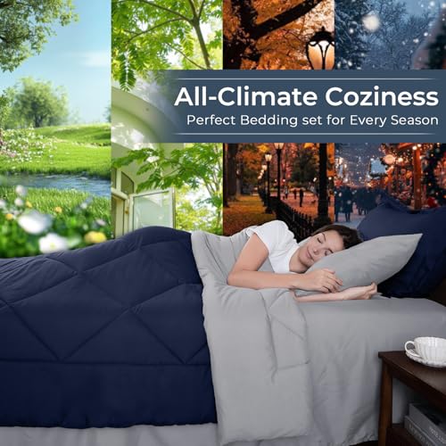 HEVUMYI Full Comforter Set - 7-Piece All Season Bed in a Bag Full, Ultra Soft Bedding Set with Comforter, Flat Sheet, Fitted Sheet, Pillowcases, Pillow Shams, Navy Blue & Light Grey HEVUMYI