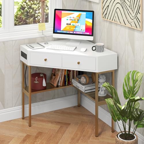 Tangkula Corner Desk with 2 Drawers & Built-in Charging Station, 90 Degrees Triangle Corner Computer Desk for Small Space, Bedroom Makeup Vanity Desk with Storage Shelves, Corner Desk (Gold & - WoodArtSupply