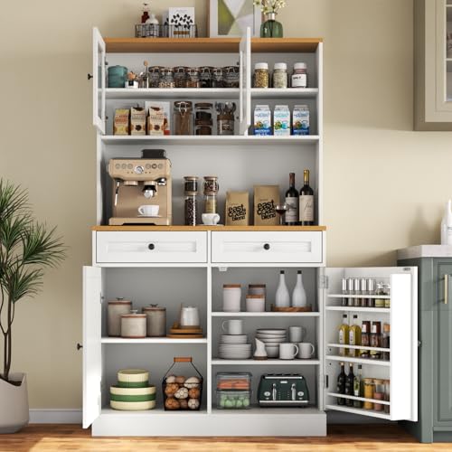 Tall Pantry Cabinet, Modern Kitchen Hutch with Microwave Stand, Kitchen Pantry Storage Cabinet with 2 Darwers & Door Shelf, Food Pantry with Glass Doors & Adjustable Shelves for Dining Room, White Gyfimoie