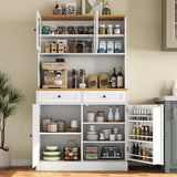 Tall Pantry Cabinet, Modern Kitchen Hutch with Microwave Stand, Kitchen Pantry Storage Cabinet with 2 Darwers & Door Shelf, Food Pantry with Glass Doors & Adjustable Shelves for Dining Room, White Gyfimoie