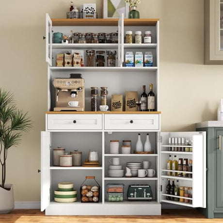 Tall Pantry Cabinet, Modern Kitchen Hutch with Microwave Stand, Kitchen Pantry Storage Cabinet with 2 Darwers & Door Shelf, Food Pantry with Glass Doors & Adjustable Shelves for Dining Room, White Gyfimoie