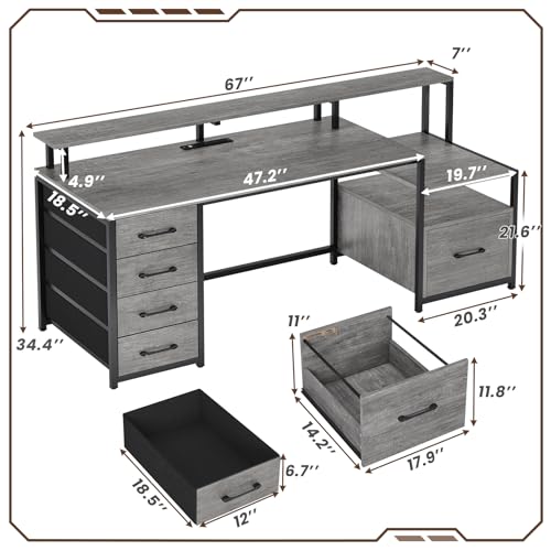 SEDETA Home Office Desk with File Drawer & Power Outlet, 66'' Computer Desk with 5 Drawer, Storage Shelves, Printer Cabinet and Monitor Shelf, Gaming Desk with Led Lights, Grey - WoodArtSupply