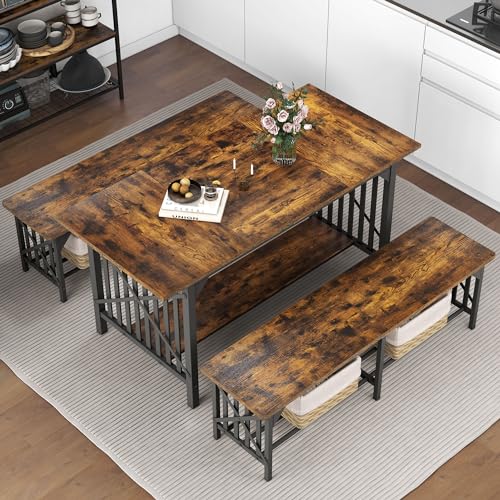DWVO 3-Piece Dining Table Set for 4-6 People, 63" Dining Room Table with 2 Benches, Industrial Rectangular Dining Room Table Set with Storage for Kitchen, Dining Room, Rustic Brown DWVO