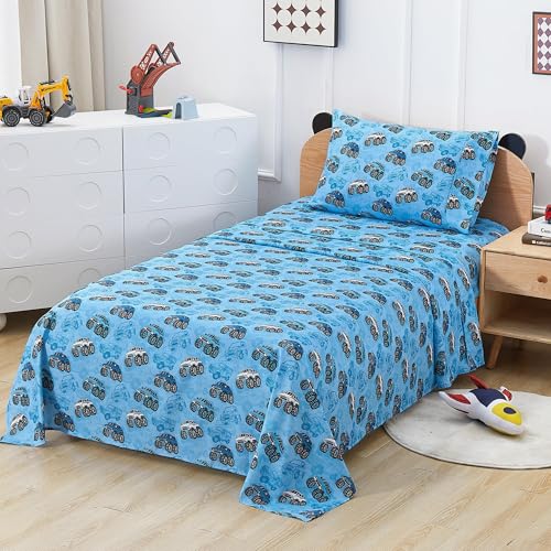 Softan Kids Bed Sheet Set, Boys Twin Size Sheets, Microfiber Kids Fitted Sheet and Pillowcase, Breathable and Silky Soft, 3 Piece Jeep Trucks Printed Twin Bed Sheet Softan