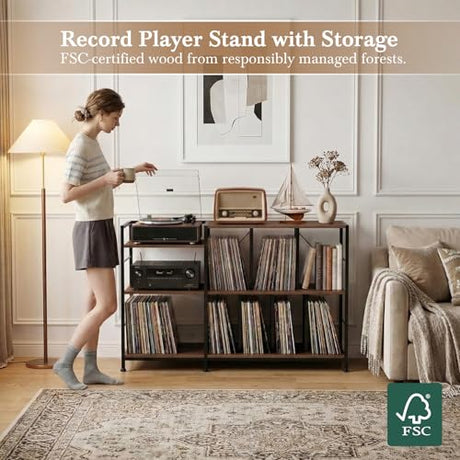 Faesun Record Player Stand with Vinyl Record Storage, Turntable Stand with Power Outlet, Large Record Storage Shelf Holds 500 Albums, Industrial Audio Rack for Living Room Bedroom, Walnut Faesun