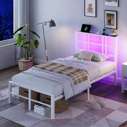 VINGLI Twin Bed Frame with Storage Headboard, LED Lights, and Charging Station, Single Metal Platform Pannel Bed with Wooden Storage Shelf, Underbed Storage Space, Apartement, White VINGLI