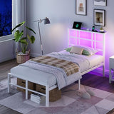 VINGLI Twin Bed Frame with Storage Headboard, LED Lights, and Charging Station, Single Metal Platform Pannel Bed with Wooden Storage Shelf, Underbed Storage Space, Apartement, White VINGLI
