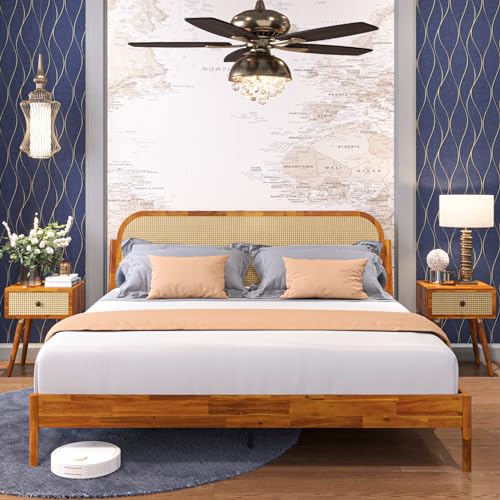 Bme Aurelia King Solid Wood Bed Frame with Rattan Headboard - Bohemian & Mid Century Modern Style - Wood Slat Support - No Box Spring Needed - Easy