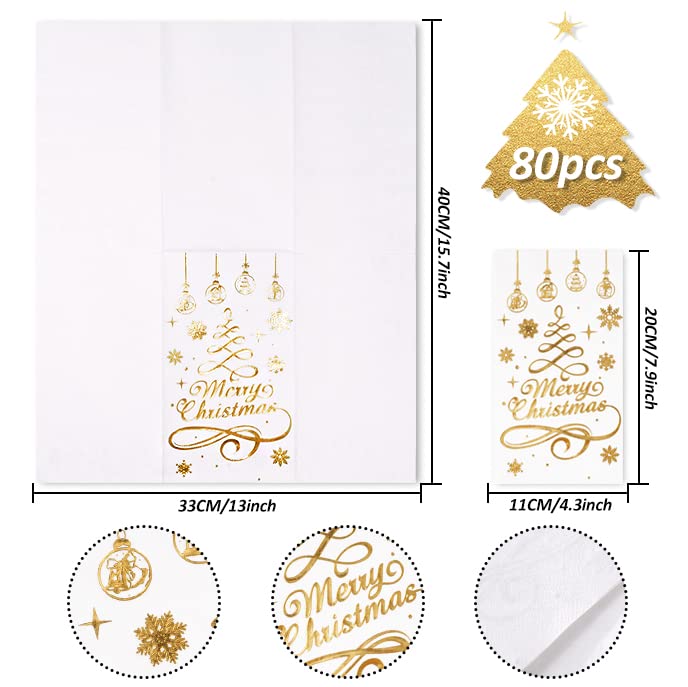 Whaline 80Pcs Christmas Guest Napkins Gold Foil 3 Ply Disposable Paper Pack Xmas Tree Snowflake Pattern Dinner Hand Towel Napkin for Xmas Party Winter Holiday Wedding Birthday Table Decorations Whaline