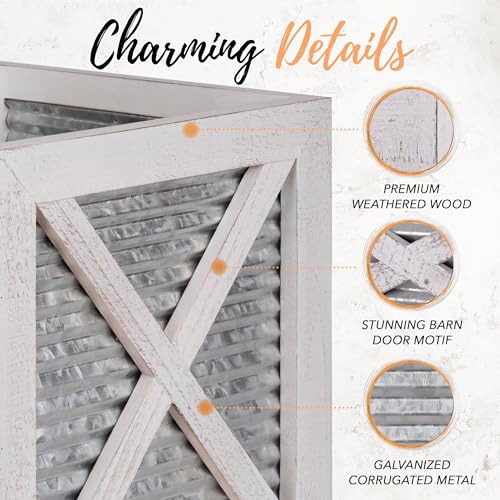 Autumn Alley Farmhouse Front Porch Planters Set of 2 Stand with Galvanized Corrugated Metal Planters for Outdoors/Indoors - Rustic Wood Square Planters Box on Legs – Charming Farmhouse Décor, White Autumn Alley