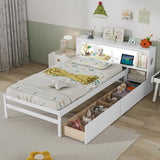 Giantex Wood Twin Bed Frame with Storage Drawer & Headboard, Modern Platform Bed with Charging Station & LED Light, Built-in Nightstand, Single Bed with Slats Support, Twin Bed Frames for Kids (White) Giantex