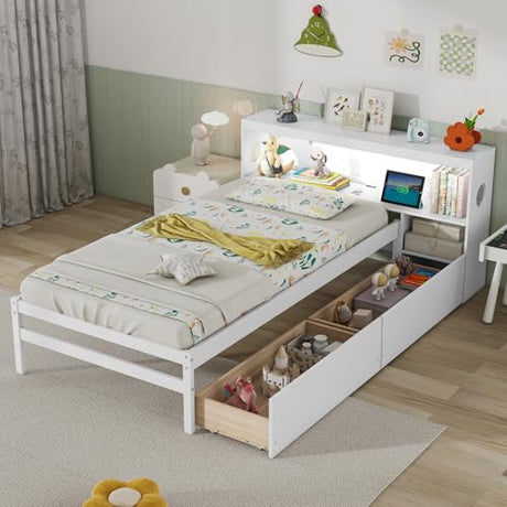 Giantex Wood Twin Bed Frame with Storage Drawer & Headboard, Modern Platform Bed with Charging Station & LED Light, Built-in Nightstand, Single Bed with Slats Support, Twin Bed Frames for Kids (White) Giantex