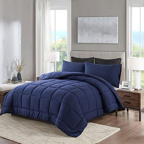 DOWNCOOL Blue Full Size Comforter Set - All Season Bedding with 2 Pillowcases - 3 Pieces - Down Alternative Comforter Set DOWNCOOL