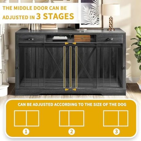 DWVO 63 Inch Double Dog Crate Furniture for 2 Dogs, Heavy Duty Wooden Dog Crate TV Stand with Charging Station, Dog Kennel Indoor Furniture Double Sliding Barn Door Design Ideal for 2 Dogs, Oak DWVO
