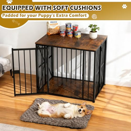 Dog Crate Furniture Foldable with Dog Bed Mat, 27" No Assembly Decorative Dog Kennel Indoor, Heavy Duty Small Collapsible Dog Crates for Small Dogs (Under 25 lb), Wooden Dog Cage TNELTUEB