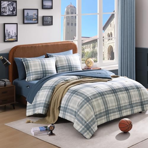 AMBERSPACE Full Size Comforter Sets, Blue Grey Plaid Bedding Set 7 Piece for Boys Girls Teen, Classic Homestead-Style Kids Comforter Set Bed in A Bag with Sheets, Pillowcases & Shams AMBERSPACE