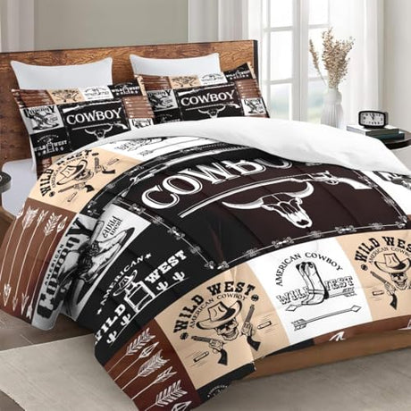 WeCozy Full Size Comforter Set with 2 Pillowcases, Country Retro Animal Soft 3 Pcs Bedding for Kids and Adults, Vintage Cowboy Western Comforter Set for Bedroom Bed Decor WeCozy